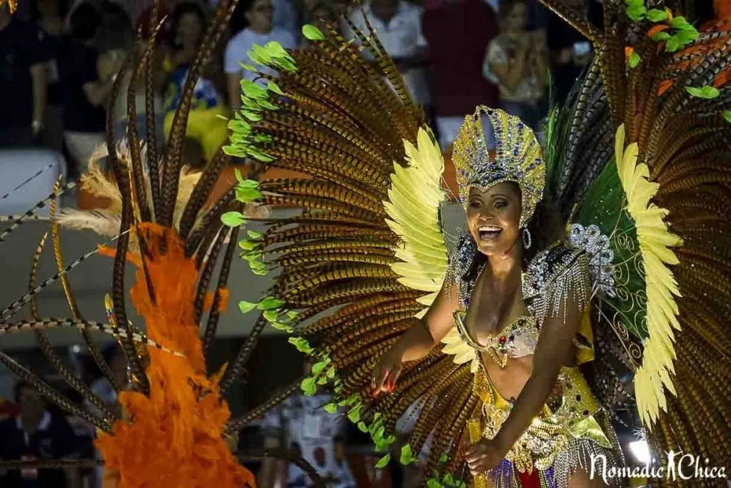 Woman dressed in traditional Brazilian carnival dancer costume with yellow and green flowers.