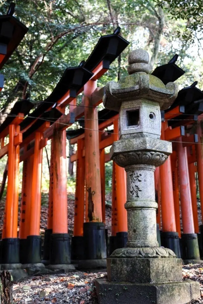 Stone lantern with colorful Torii gates behind it.