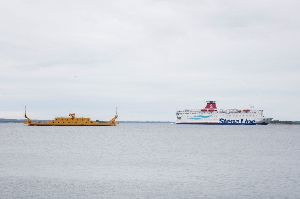 Two different ferries in the waters off Karlskrona harbor.