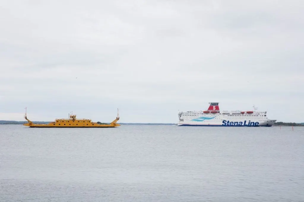 Two different ferries in the waters off Karlskrona harbor.