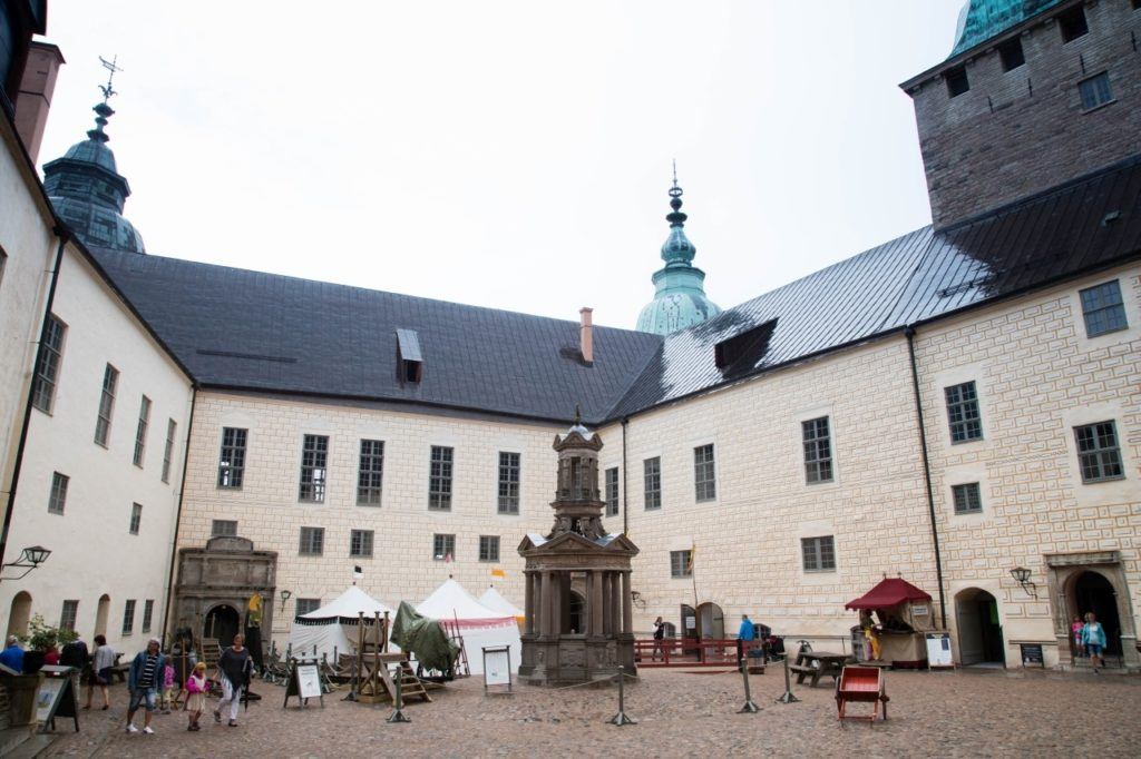 Interior courtyard in Kalmar castle with interactive displays.