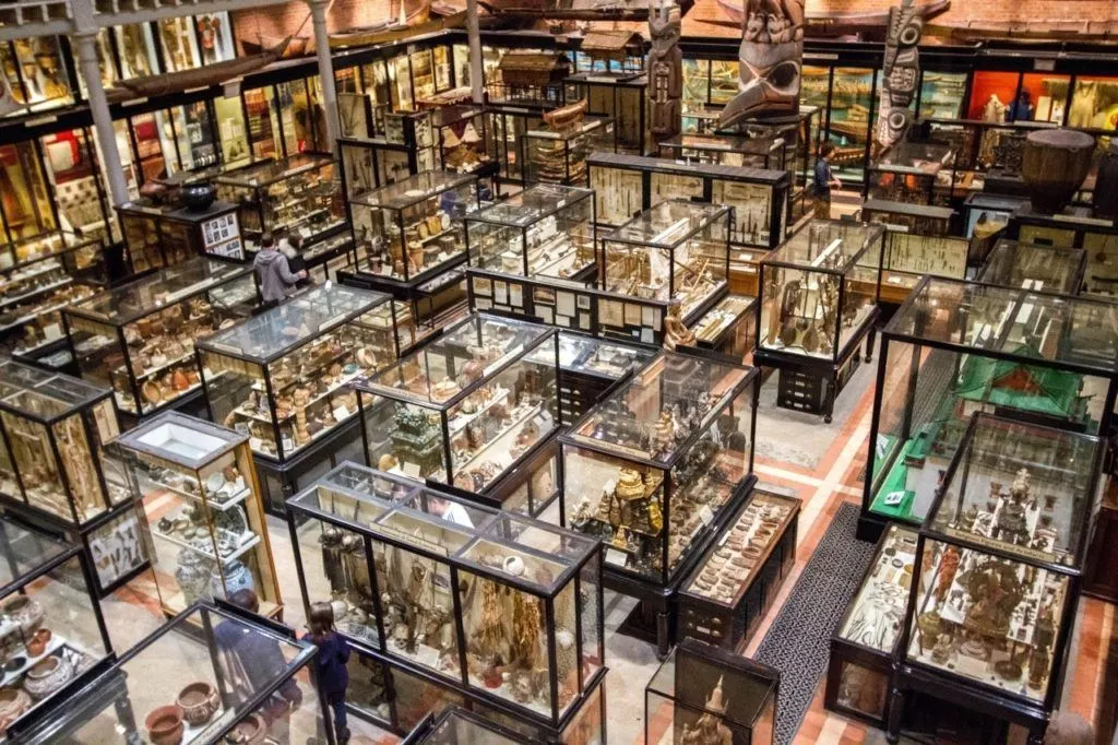 Display cases full of ethnographic and cultural items on display at Pitt Rivers Museum.