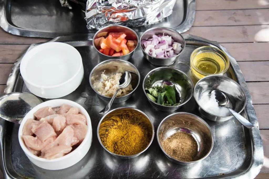 Ingredients, mise en place, for Mauritian curry.