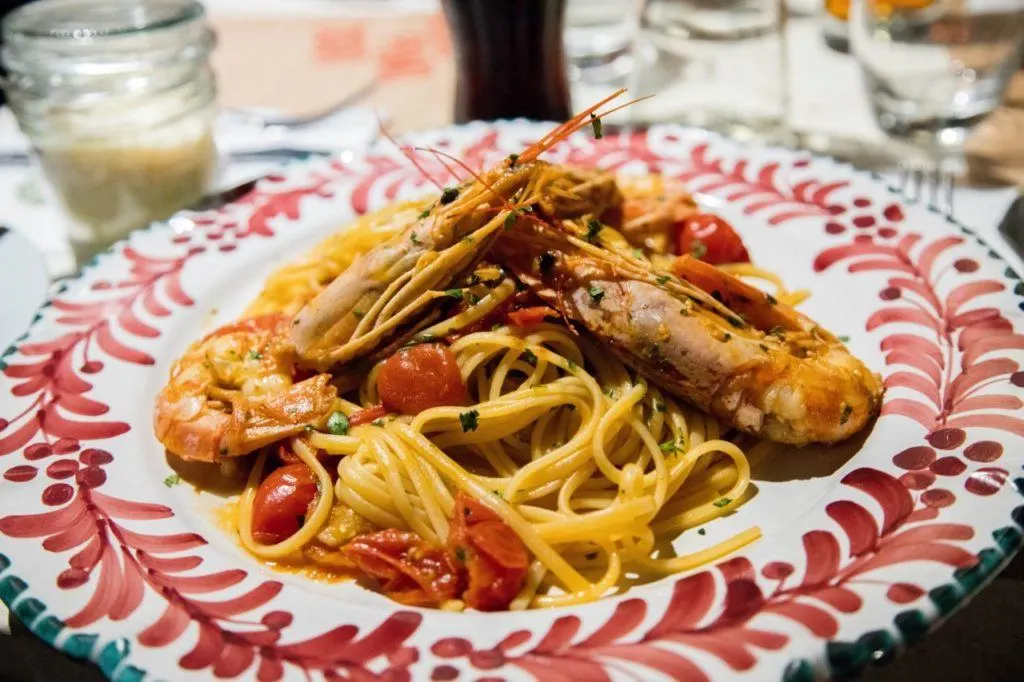 Seafood spaghetti in Venice restaurant.
