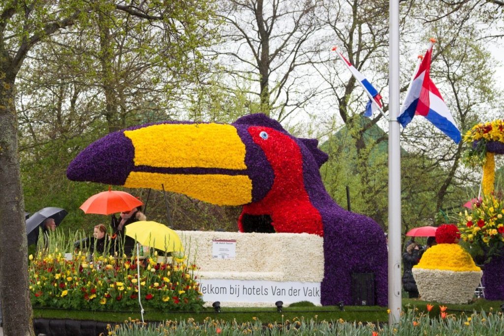 Colorful toucan made of flowers in the Tulip Festival Parade in the Netherlands.