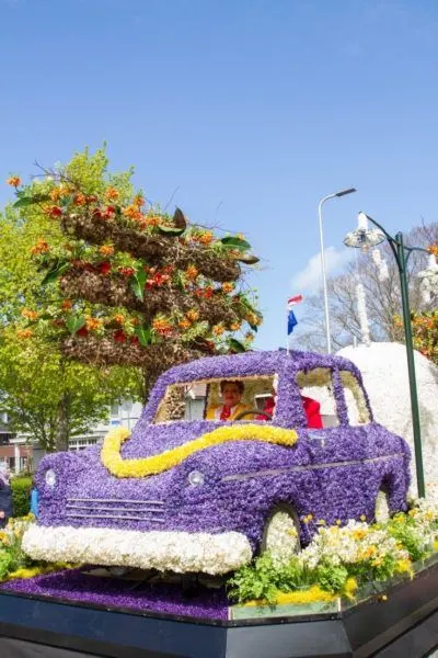 Purple car made out of flowers in the Tulip Parade.