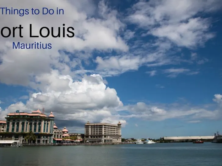 Things to Do in Port Louis Mauritius, title and Caudan Waterfront buildings.