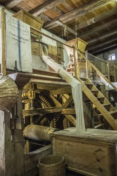 Inside the mill, there are placards and descriptions showing how the flour is milled.