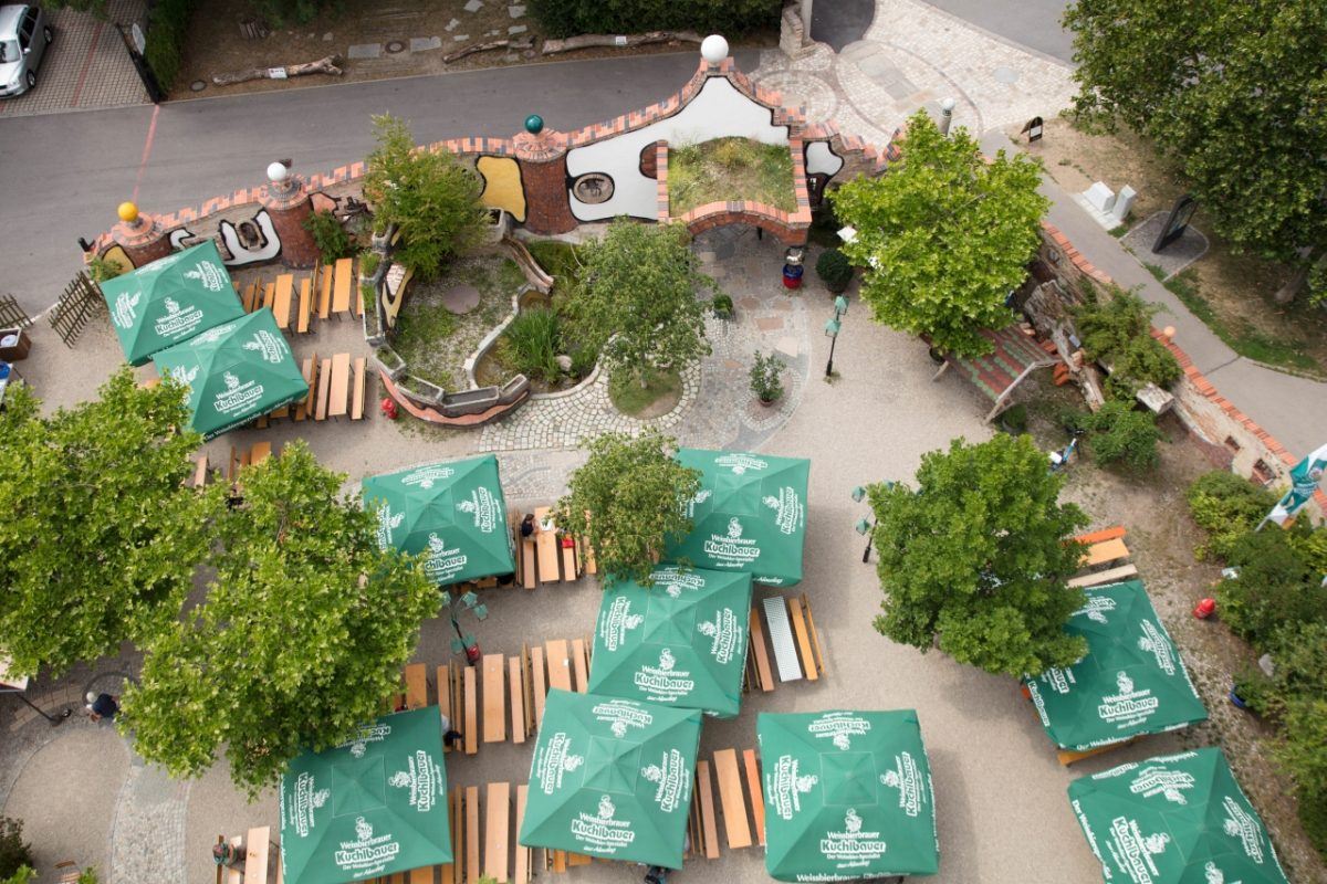 Aerial view of beer garden, a must stop when in the Abensberg area.