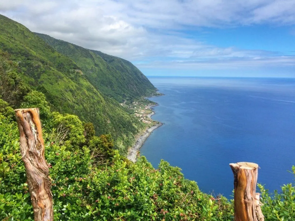 Coastline view of the Azores from a mountain top.