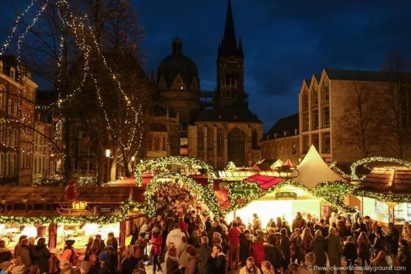 Christmas market at night in Aachen, Germany.