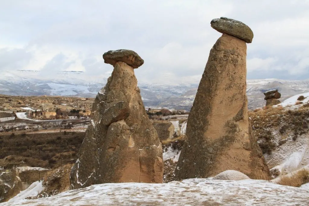 Stone pinnacles in Cappadocia, Turkey.