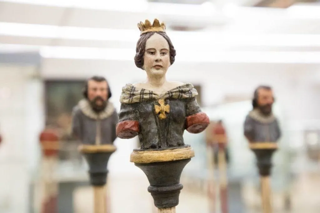 Queen and other chessmen in antique chess set at Linz Schlossmuseum.