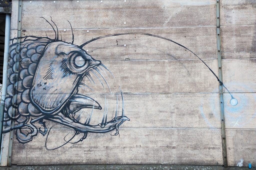 Scary lantern fish graffiti mural at Linz Mural Harbor.