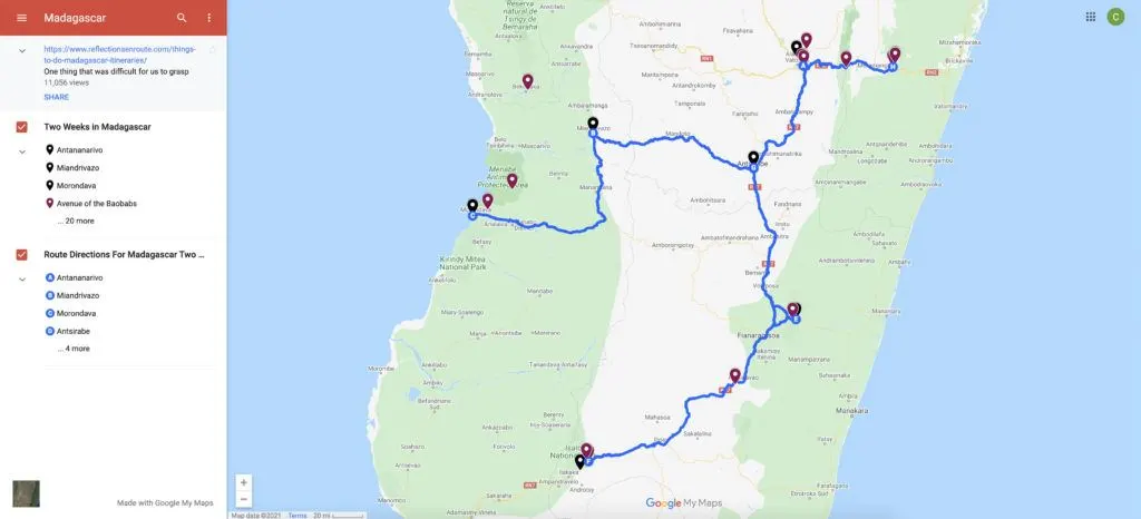 Map of Madagascar, including things to do and a 2 week itinerary.