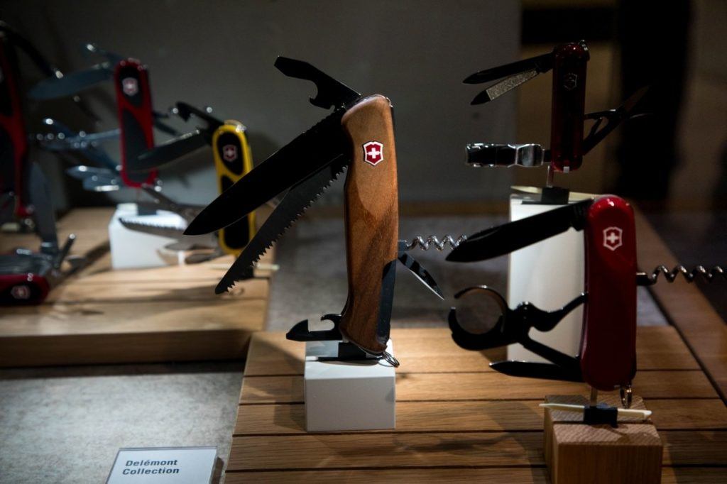 Displays of Swiss Army Knives at the Victorinox Store.