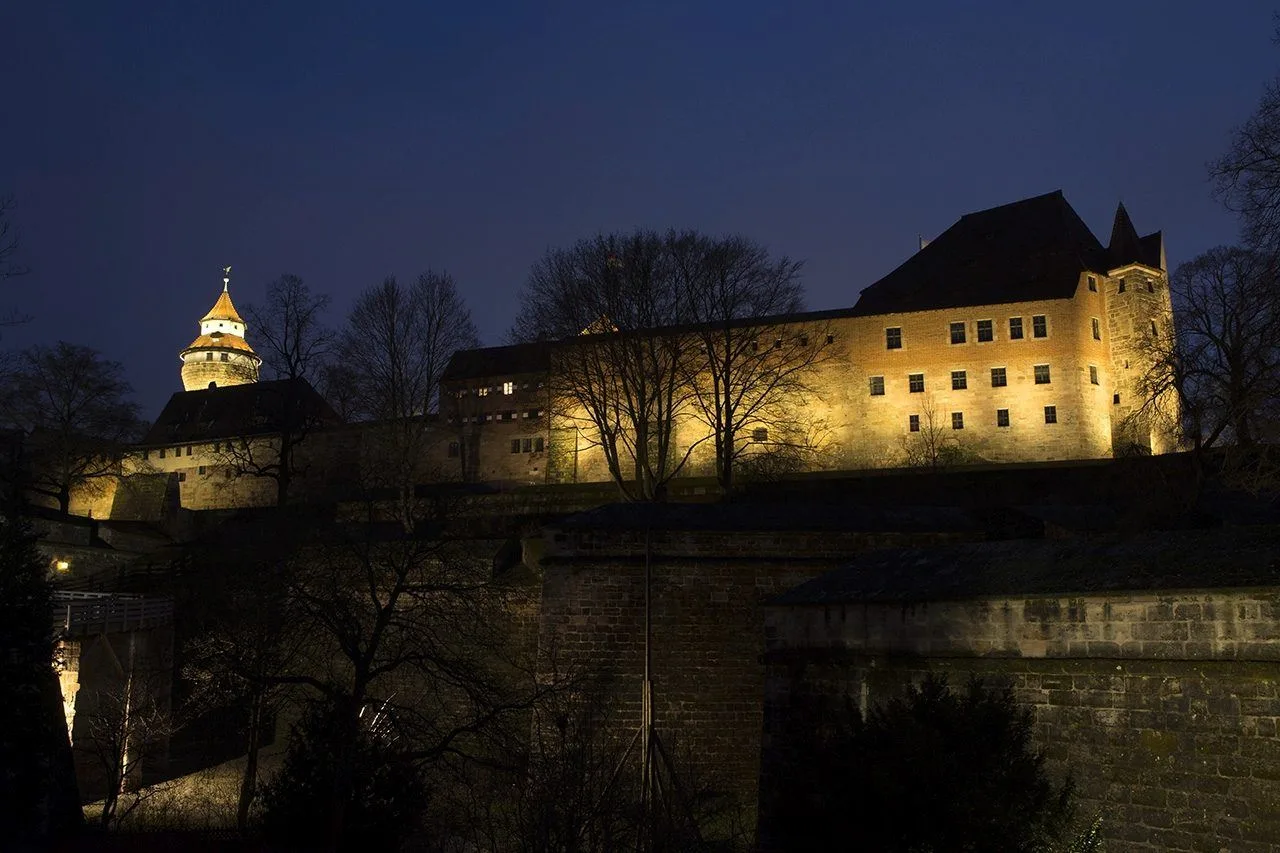 Nuremberg city walls at night.