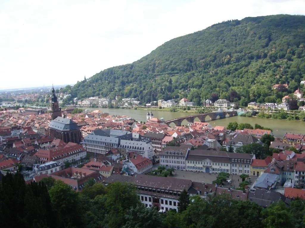View of the river and the town below the Heidelberg castle.