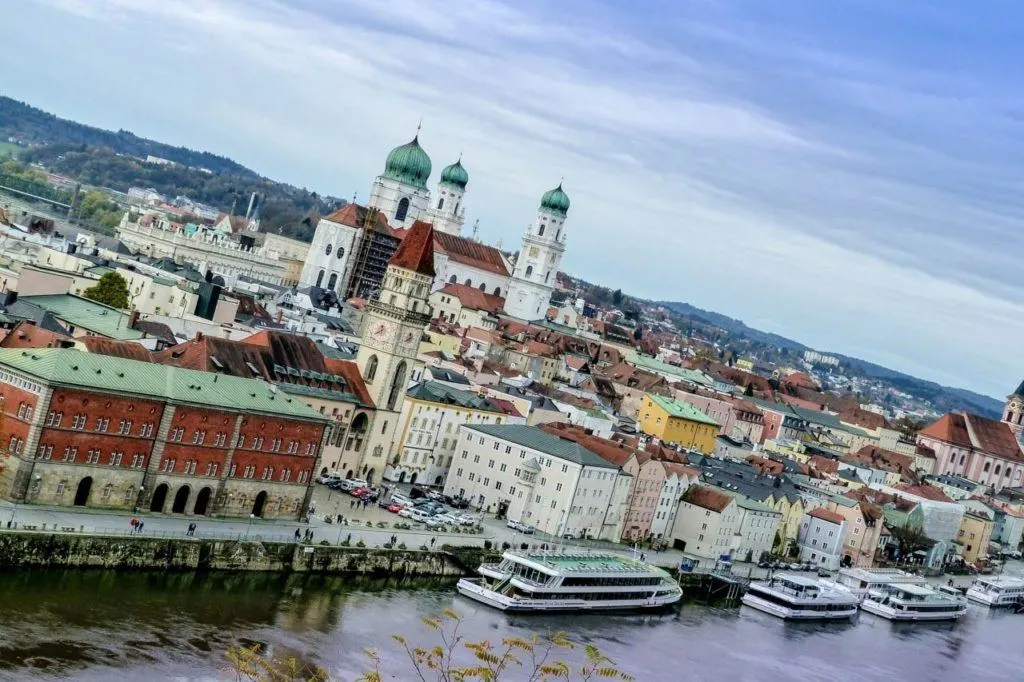 River cruise ships moored at the town docks in Passau.
