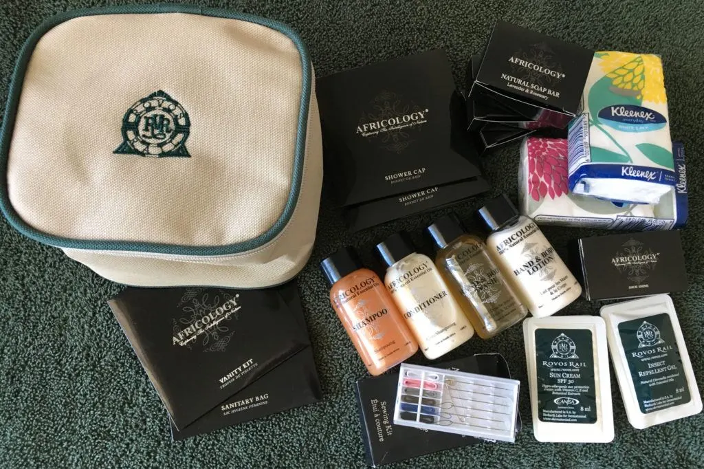 Review Rovos Rail, great journey with great food and this really nice amenities kit.