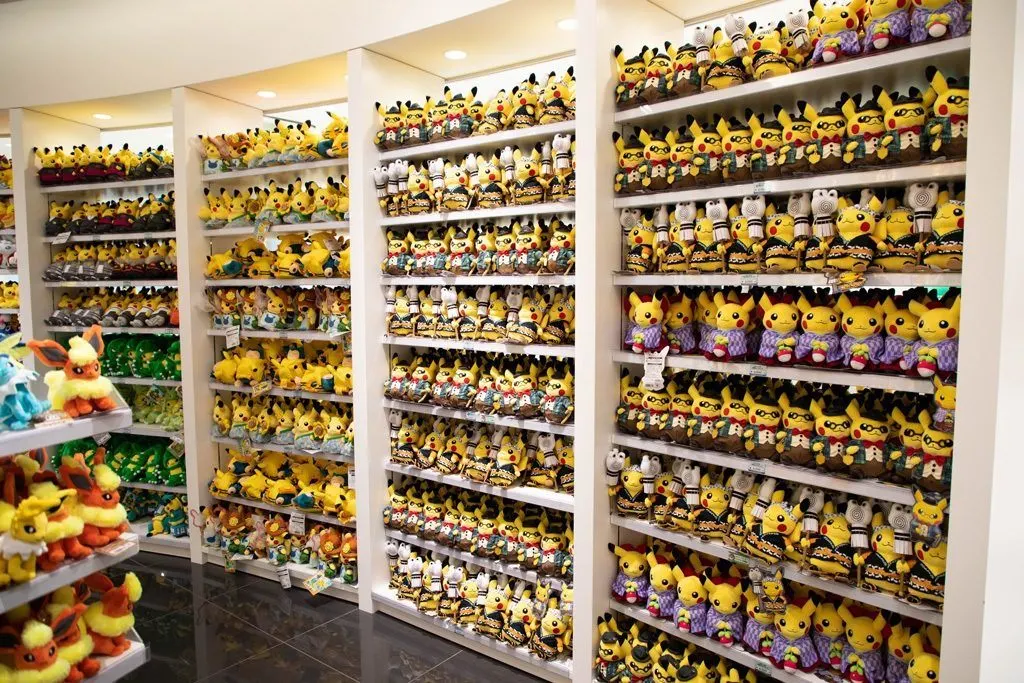 Shelves of plush toys for sale at the Pokemon Center.