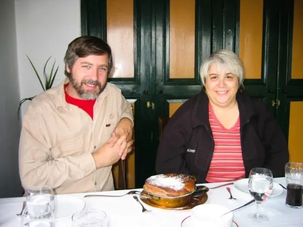 World travelers Jim and Corinne Vail enjoy chocolate souffle in an Ankara restaurant.