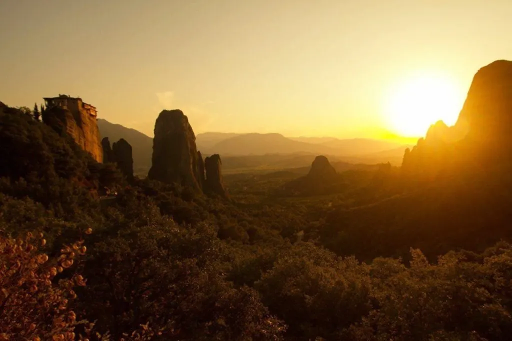 Sunset through the valley of Meteora, Greece.