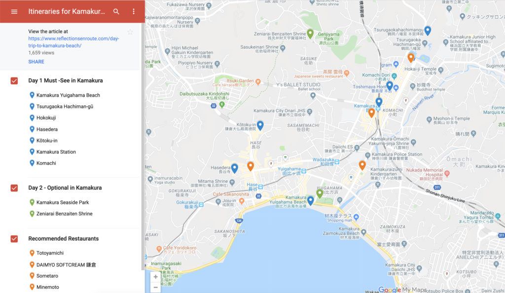 Map of Kamakura Itineraries.