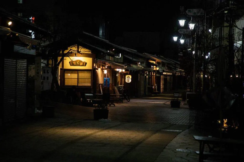 Night time view of the walking street in Matsumoto.