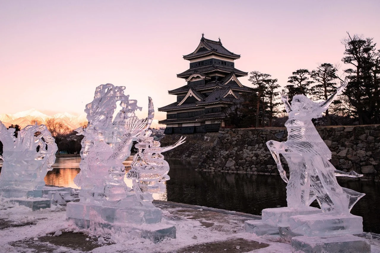 Ice Sculptures in front of the Matsumoto Castle.
