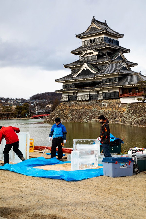 Artists preparing to carve the amazing ice sculptures in Matsumoto, Japan.