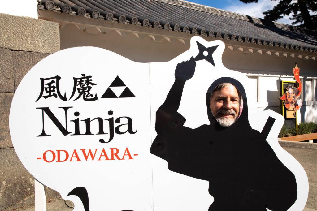 Jim posing in the cardboard ninja at Odawara Castle.