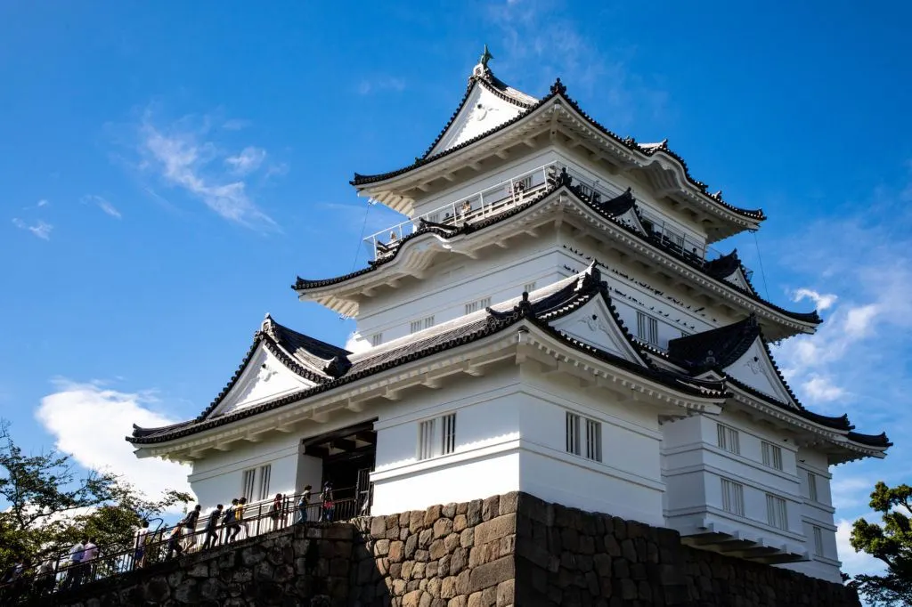 Visitors climb the ramp into Odawara Castle.