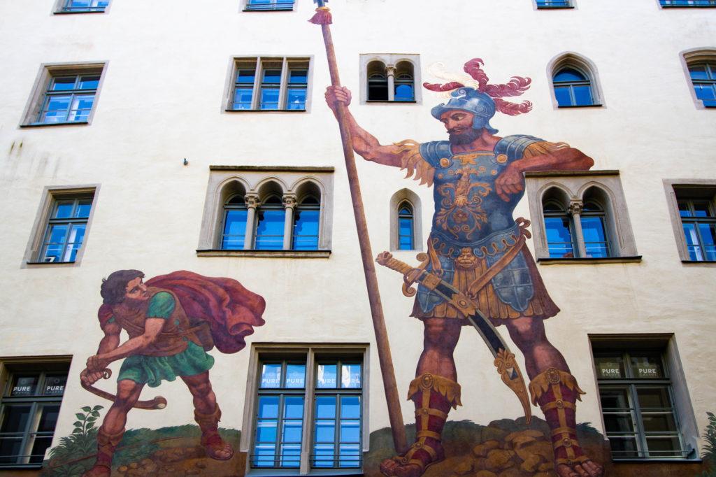The house painting of David versus Goliath in the old town of Regensburg.