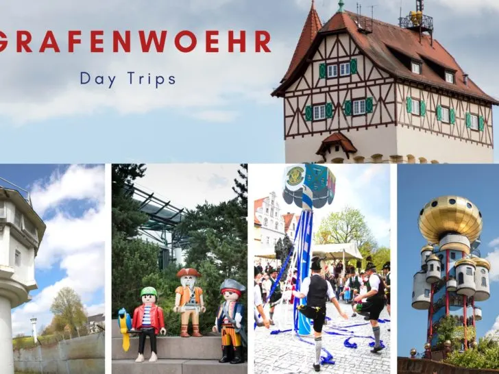 Multi-image: Graf Tower, Moedlareuth tower, Playmobil Funpark, Maypole dancing, and Kuchlbauer Tower.