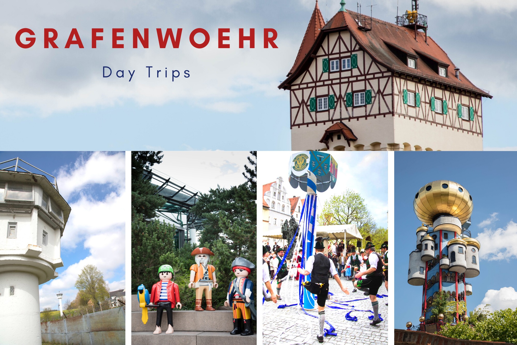 Multi-image: Graf Tower, Moedlareuth tower, Playmobil Funpark, Maypole dancing, and Kuchlbauer Tower.