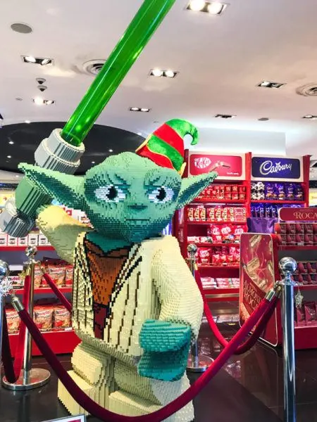 Yoda, made out of legos, at the airport in KL.