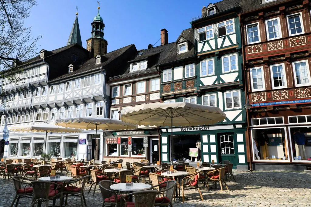 Goslar city center set up for the lunch crowd with lots of tables ready.