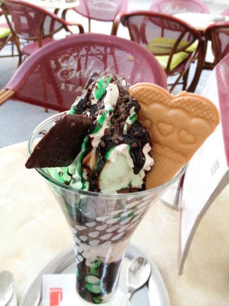 One of the many ornate sundaes you can get at an ice cream café.