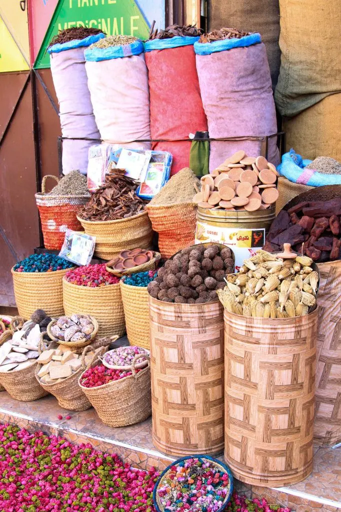 A variety of dried goods on sale on a Marrakesh street.
