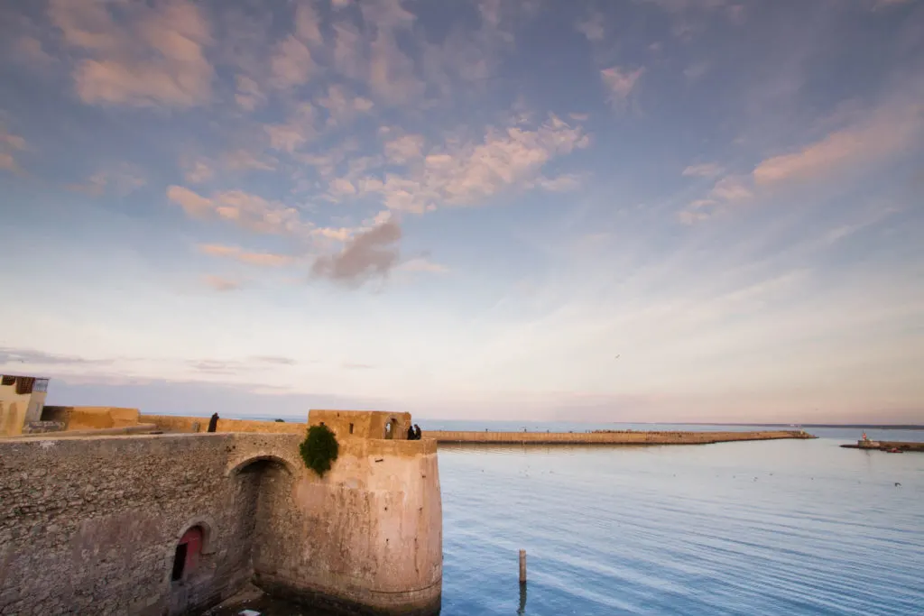 El Jadida fortress and harbor at sunset.