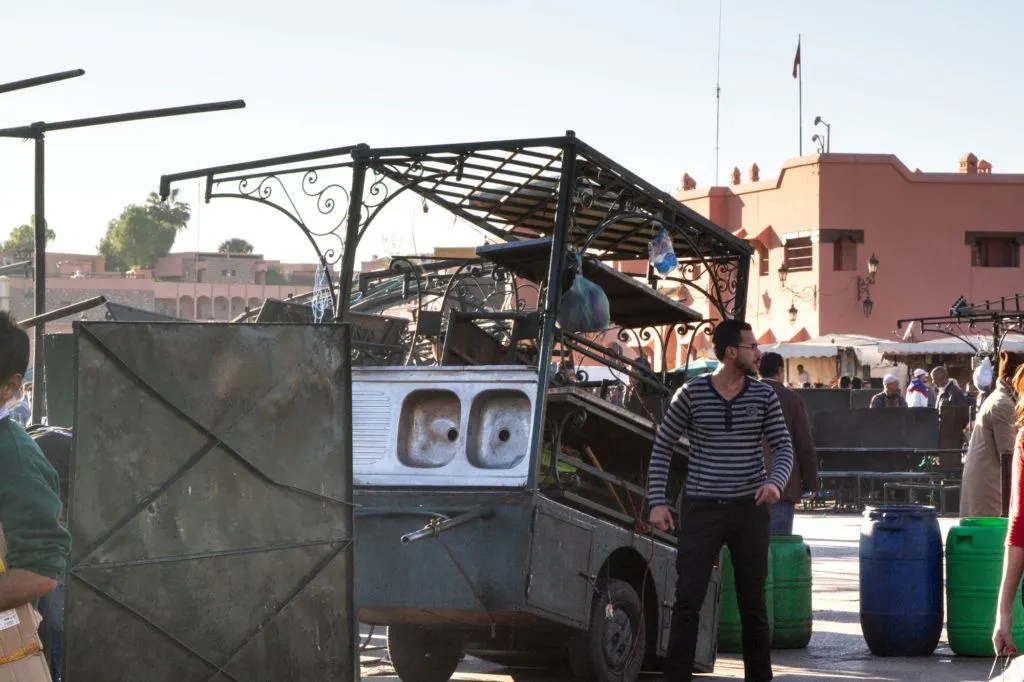 A pop-up food stall in Jemaa el Fna even has a built-in kitchen sink.
