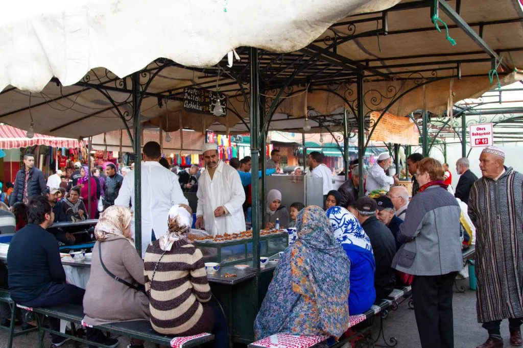 The Jemaa el Fna food stalls, are quickly assembled and already serving customers.