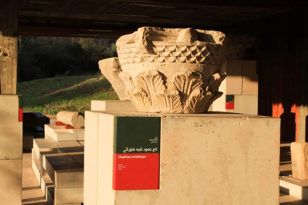 A Corinthian capital displayed in the on-site museum at the Volubilis Roman ruins, A UNESCO World Heritage Site.