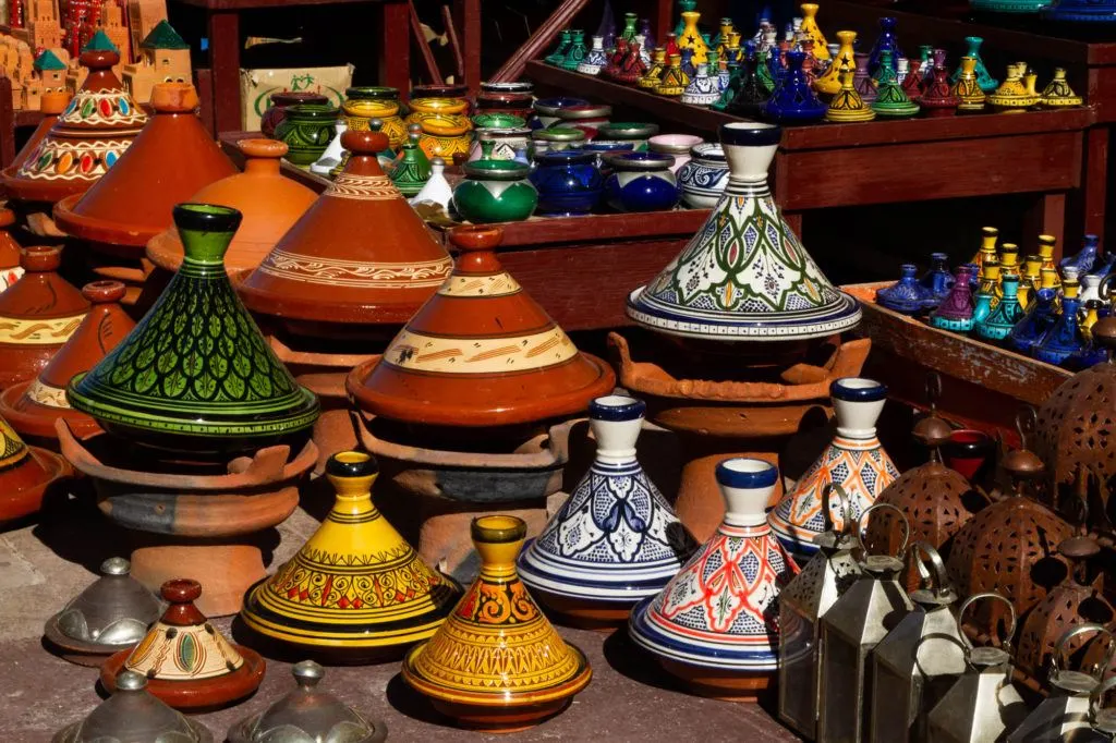 Beautifully decorated Tagines, clay cooking pots, on display in a shop in the Marrakech Medina.