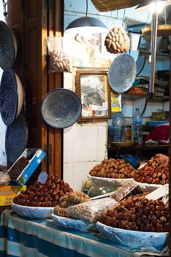 A shop in Fez Morocco selling Dates, nuts, and more dates.