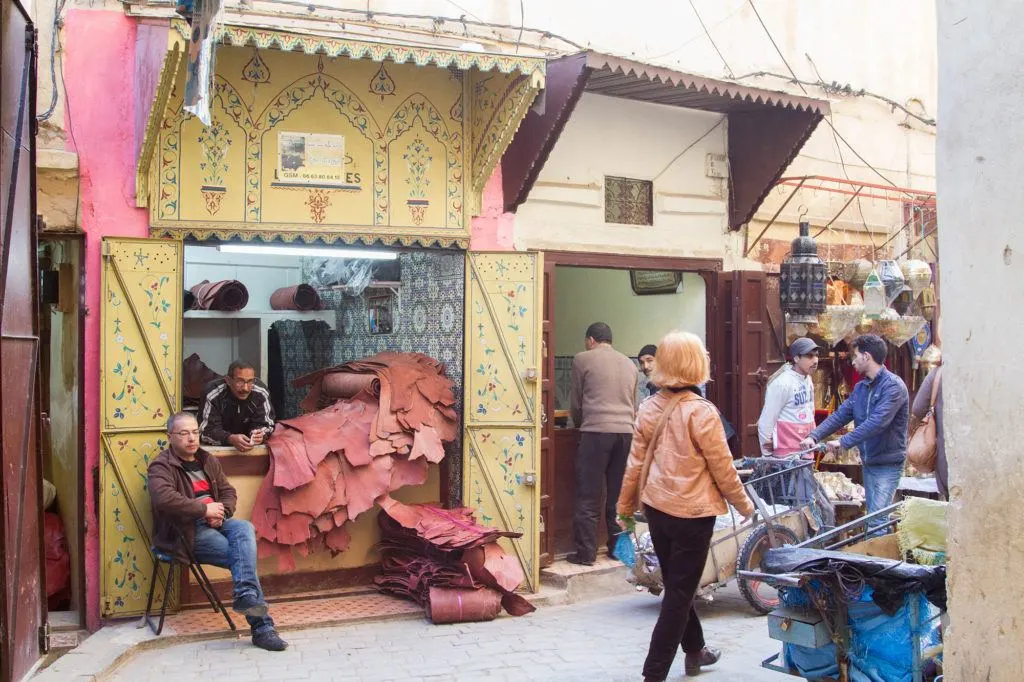 Local leather from the tanneries is sold in the Fez Souk; the souk and tanneries of fez are economically connected.