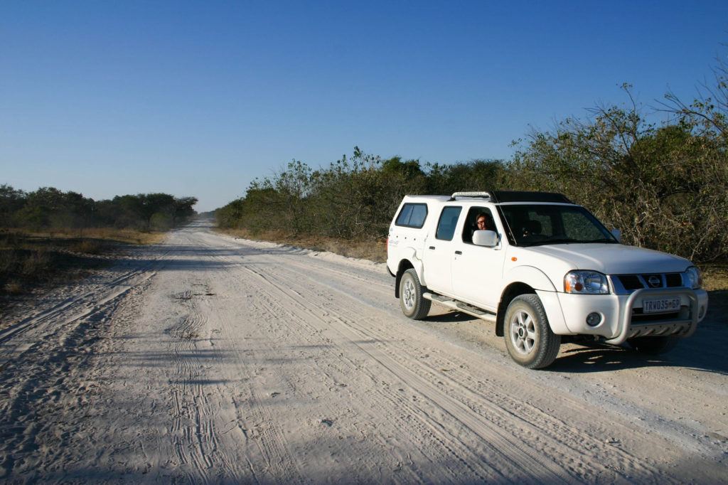 Driving in Botswana on the dirt roads in a rented self-drive truck.