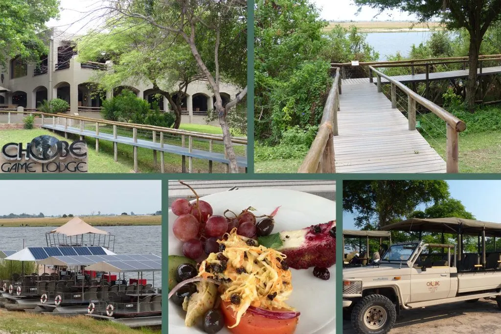 Photo collage of scenes in and around the Chobe Game Lodge, the perfect place to see the Chobe swimming elephants.