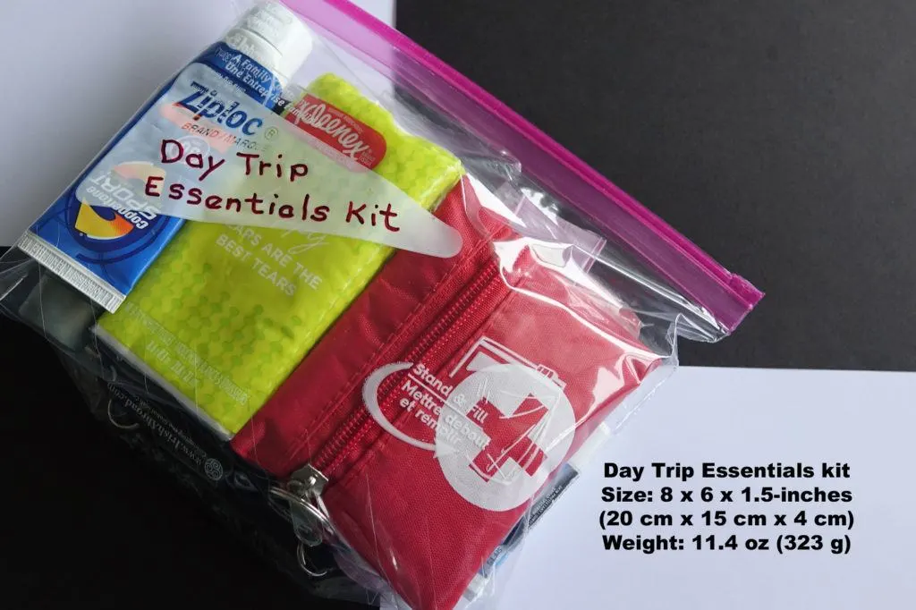 The packed daily bag essentials kit, which is a one-quart bag filled with small but useful items for any day trip.